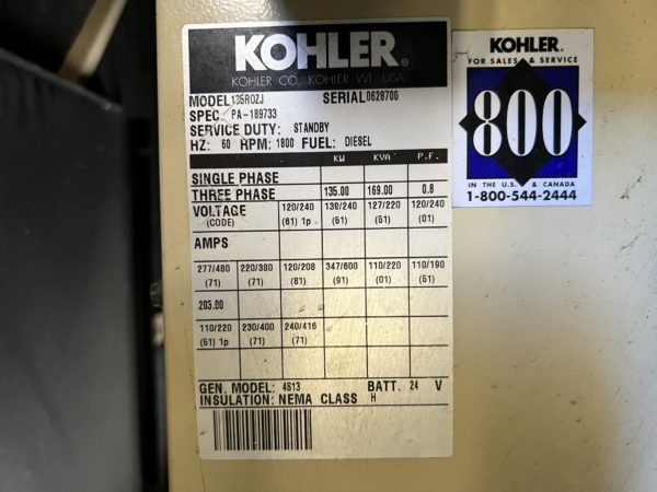 Kohler 135ROZJ 135kW Diesel Generator Set 20