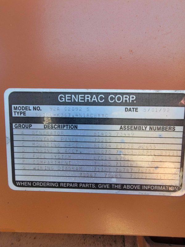 1992 Generac SG100 LPG 100kW 1Phase Gen Set 21 scaled