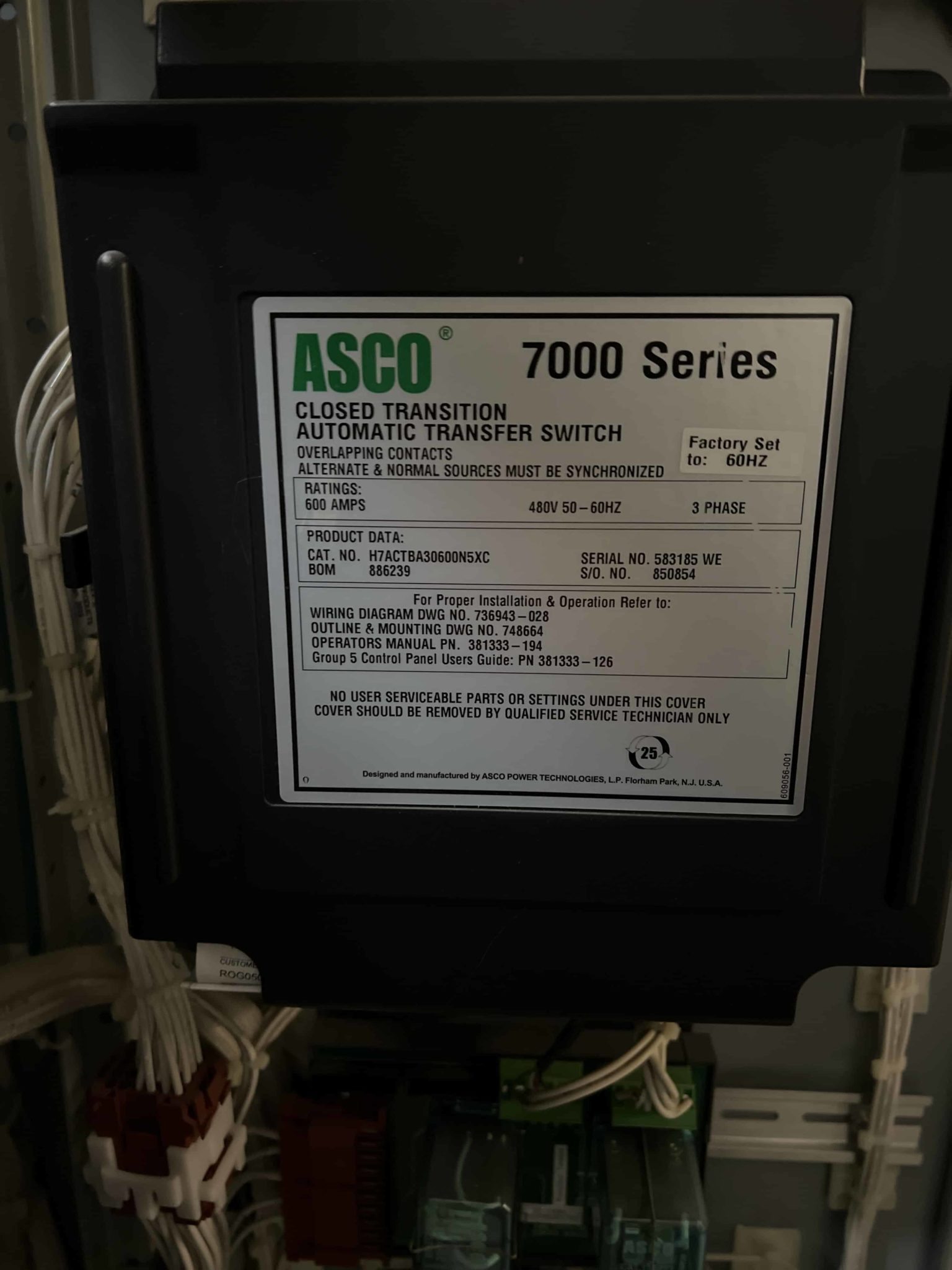 ASCO 7000 Series 600A 480V Automatic Transfer Switch CI Group