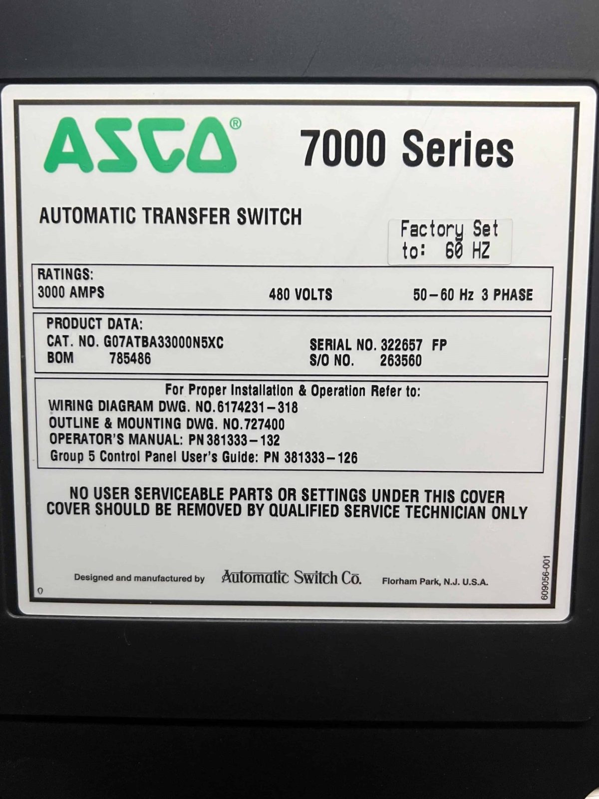 ASCO Series 7000 3000A 480V Automatic Transfer Switch CI Group