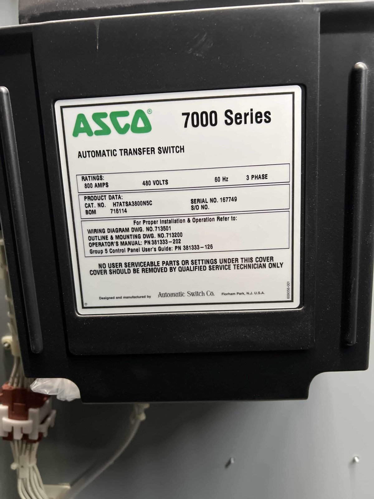 ASCO 7000 Series 800A 480V Automatic Transfer Switch CI Group