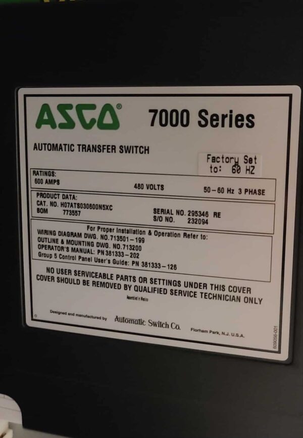ASCO 7000 Series 600A 480V ATS 2