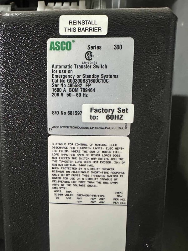 ASCO 300 Series 1600A 208V ATS 3