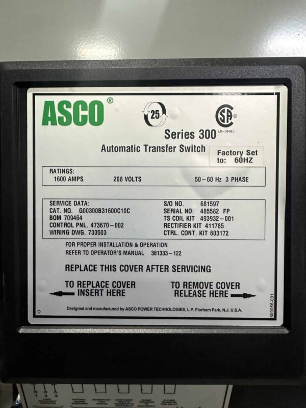 ASCO 300 Series 1600A 208V ATS 6