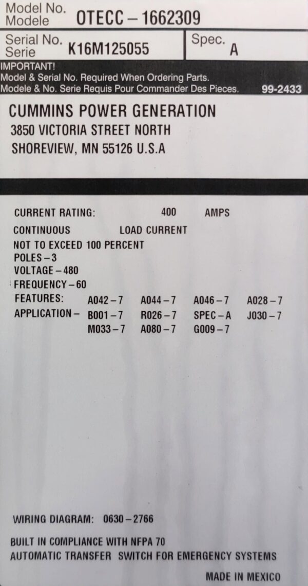 Cummins OTECC 400A 480V Automatic Transfer Switch - Image 3