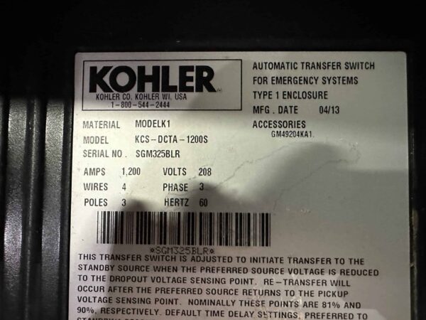 Kohler 1200A 208V ATS 5