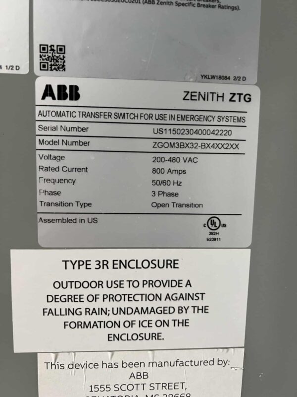 ABB Zenith 800A NEMA3R 3 Pole Automatic Transfer Switch 7