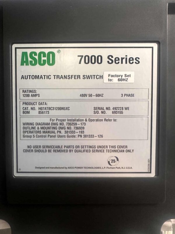 ASCO 7000 Series 1200A 480V ATS with ISO Bypass - Image 4