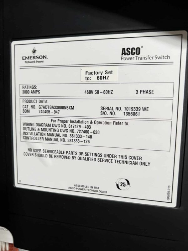 ASCO 7000 Series 3000A 480V NEMA 3R ATS with ISO Bypass - Image 3