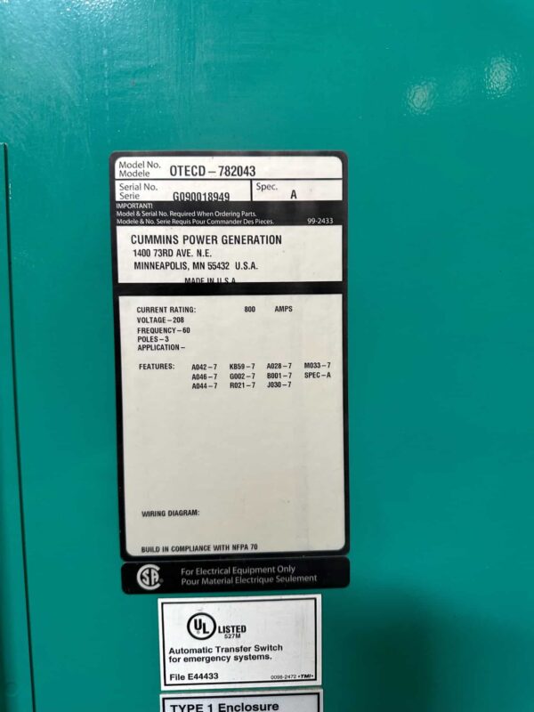 Cummins OTECD 800A 208V Automatic Transfer Switch - Image 4