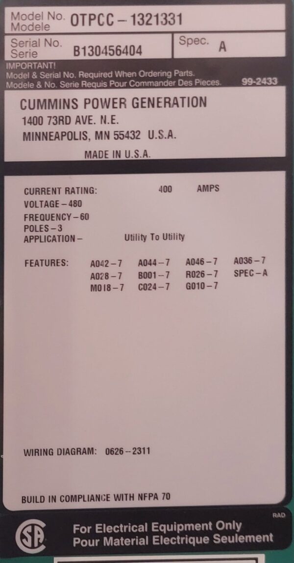 Cummins OTPCC 400A 480V Automatic Transfer Switch - Image 3