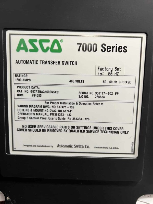 ASCO 7000 Series 1600A 480V ATS with ISO Bypass - Image 3