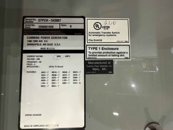 Cummins OTPCH 3000A 208V Automatic Transfer Switch - Image 5