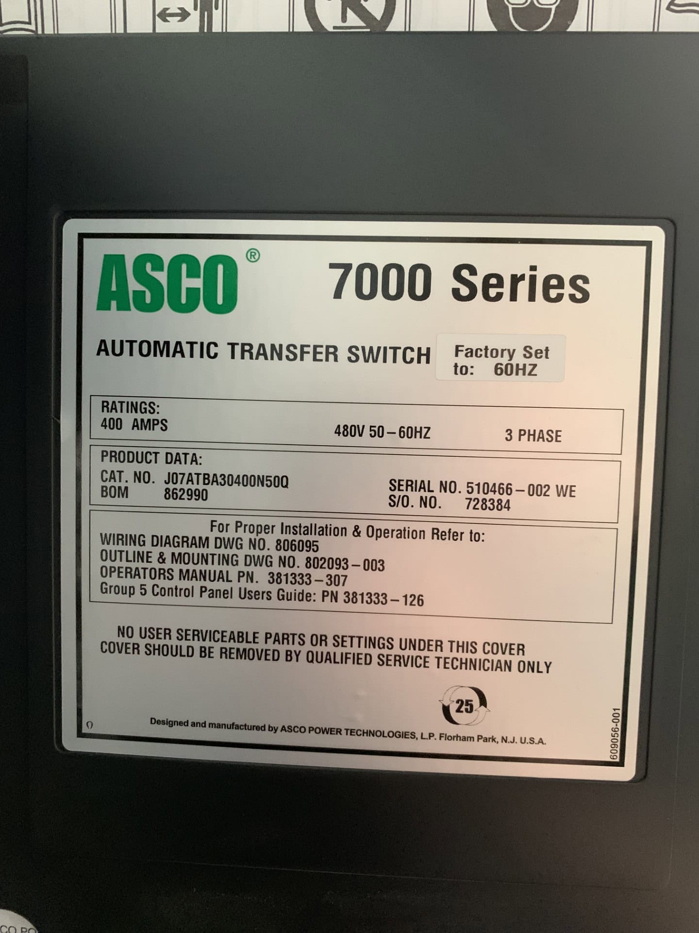 Surplus ASCO 7000 Series 400A 480V ATS with ISO Bypass Surplus ASCO 7000 Series 400A 480V ATS with ISO Bypass - Image 6