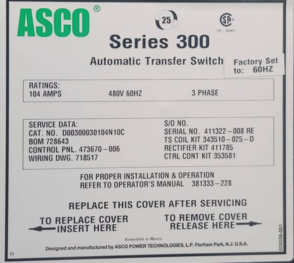 ASCO 300 Series 104A 480V Automatic Transfer Switch - Image 3
