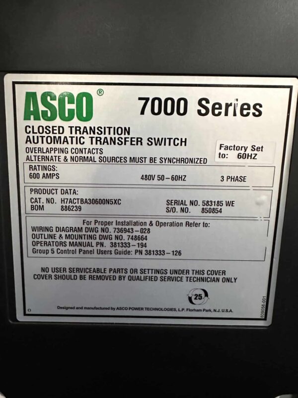 ASCO 7000 Series 600A 480V ATS with ISO Bypass - Image 3