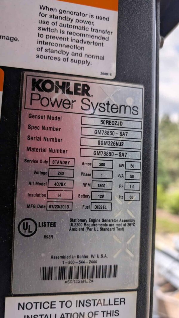 Kohler 50REOZJD 50kW 240V Diesel Generator Set - Image 4