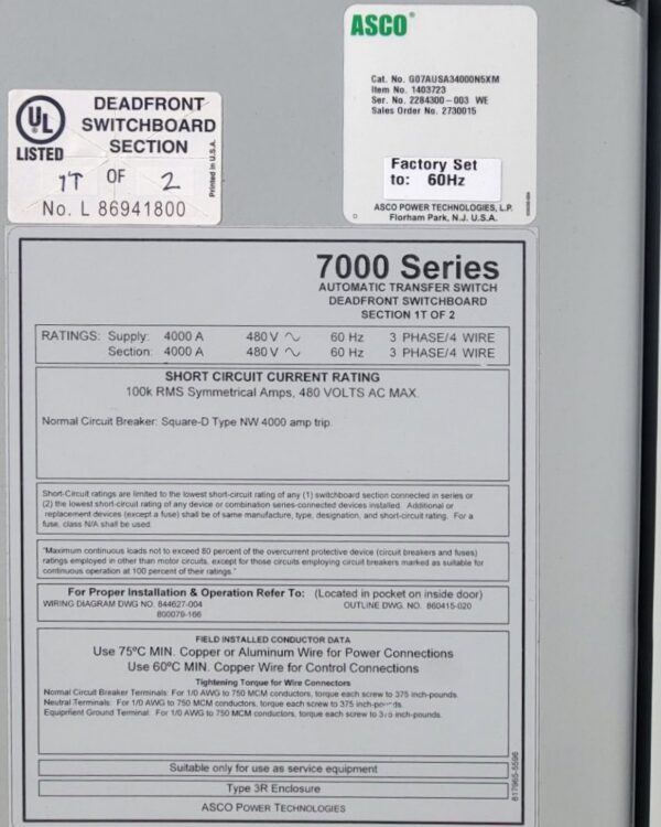ASCO 7000 Series 4000A 480V Nema 3R SER Automatic Transfer Switch