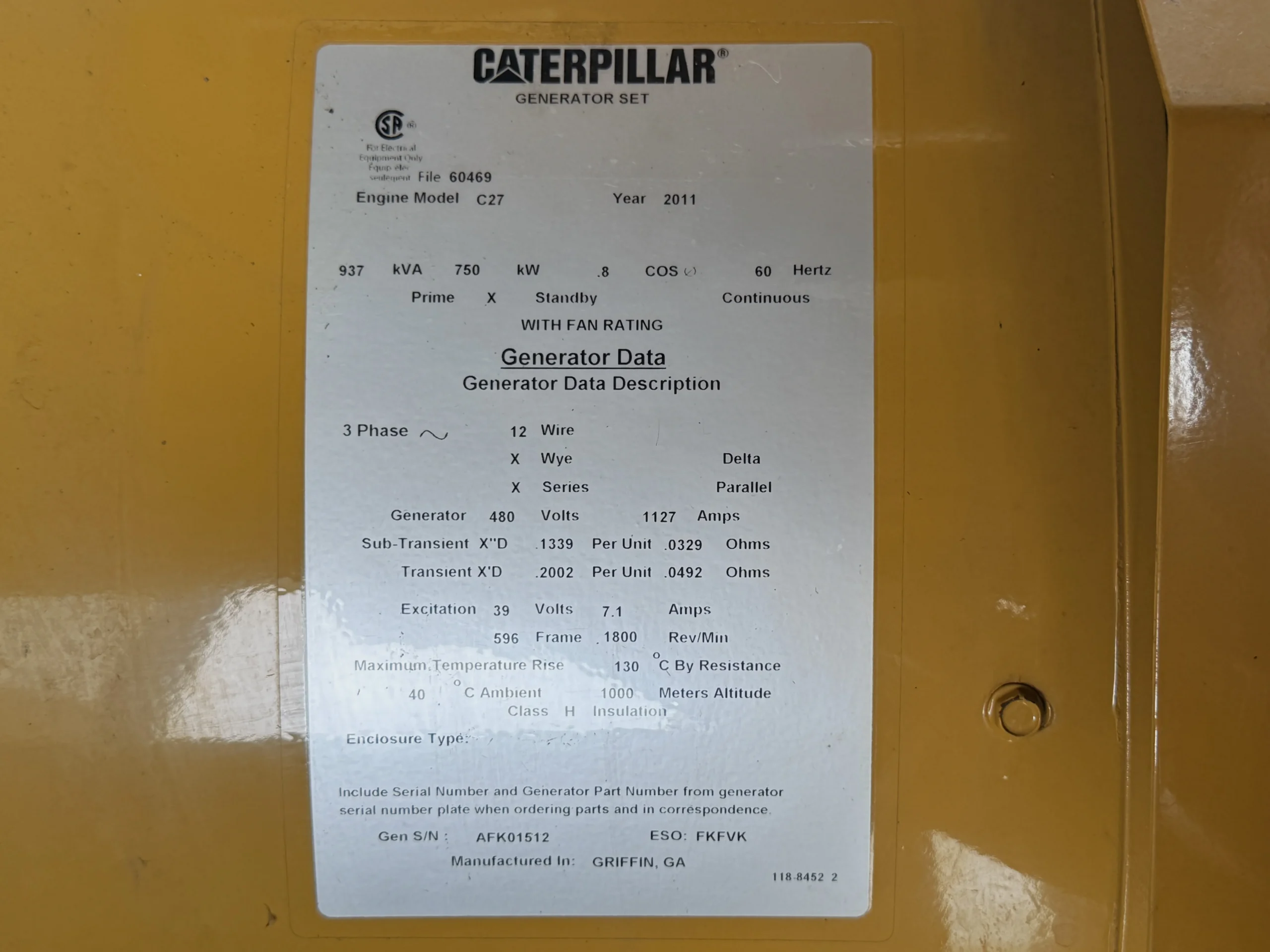 2011 CAT C27 750kW Generator Set Rating Plate scaled 1 CAT C27 750kW 480V Diesel Generator Set - Image 6