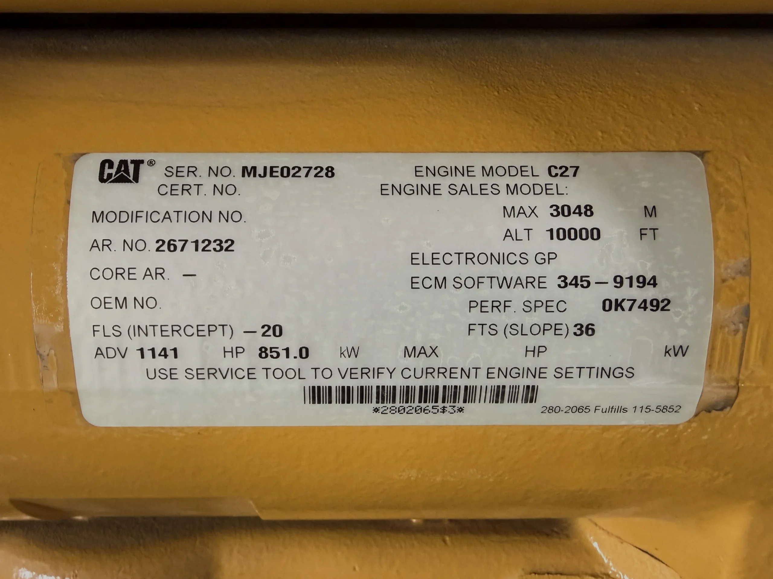 2011 CAT C27 Engine Serial Number MJE02728 scaled 1 CAT C27 750kW 480V Diesel Generator Set - Image 29